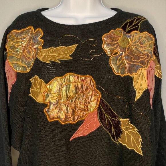 *Vintage* 90s Grandma Floral Embroidered Silk Blend Women's Sweater Size M - Picture 2 of 7